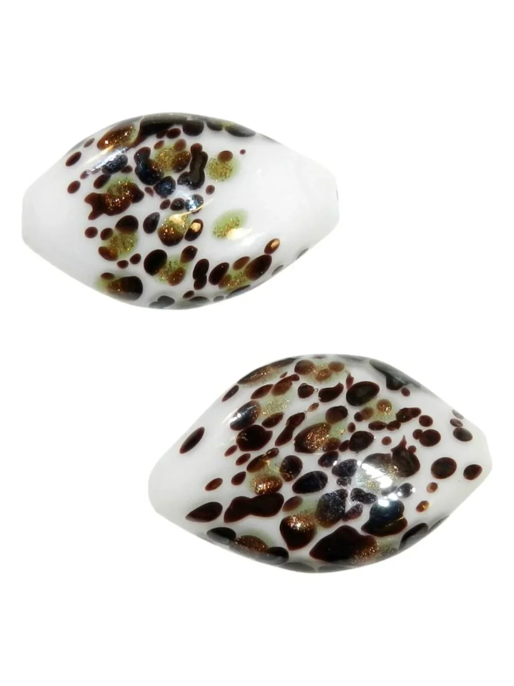 White with Brown & Copper 27mm Twisted Oval Blown Lampwork Glass Beads 2pc G4297